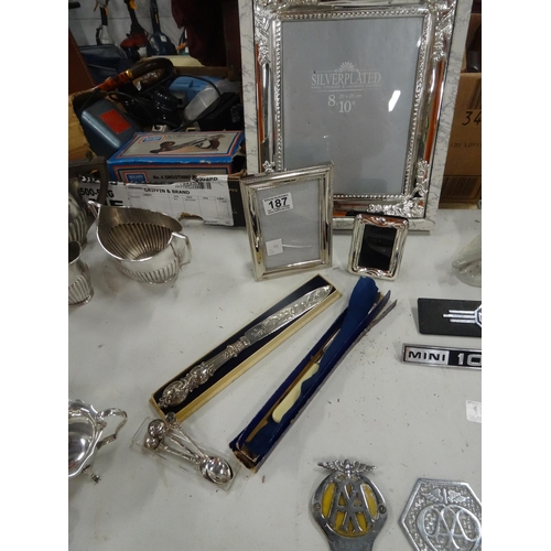 187 - qty silver plated frames knifes etc