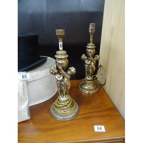 66 - Pair heavy brass cherub table lamps