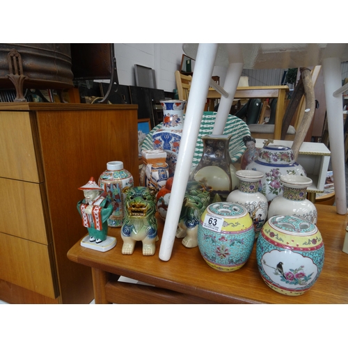 63 - Qty oriental vases, dogs etc