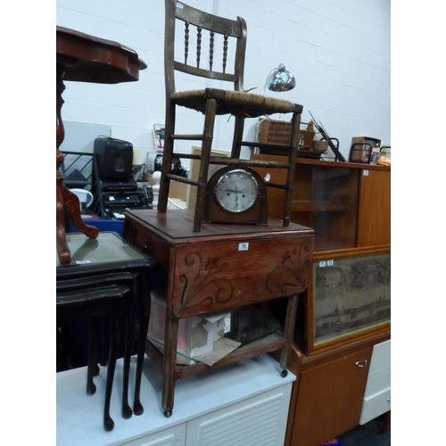 76 - Small drop leaf table, mantle clock & chair