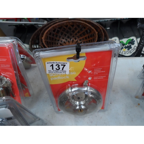 137 - (H 76) 3 Stainless disc padlocks 90mm