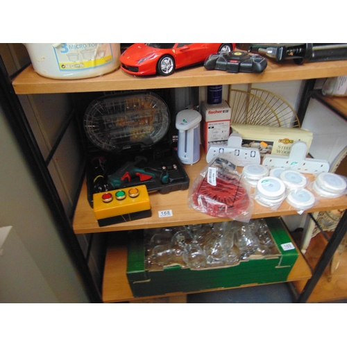 168 - Shelf electric sockets, glue gun etc