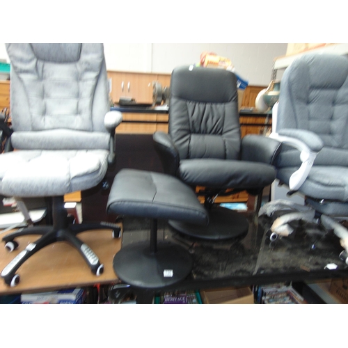 130 - New black leather recliner chair & stool