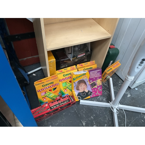 291 - Box of crayola wooden cars etc