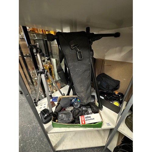 72 - Qty camera stands, lenses etc