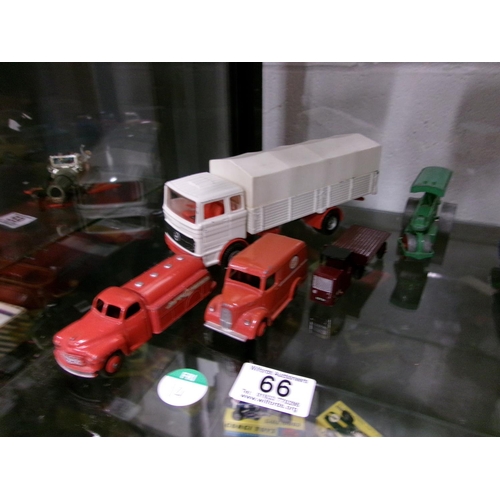 66 - Dinky Mercedes lorry, 2 esso lorries, road roller & 3 wheel mechanical horse.