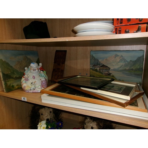 40 - Chinese figure, book rack, pictures etc