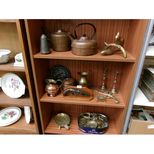 48 - 3 Shelves assorted copper kettles, brassware etc