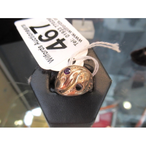 467 - 9ct Double Headed Snake Ring (1 Stone Missing) 3.9g..