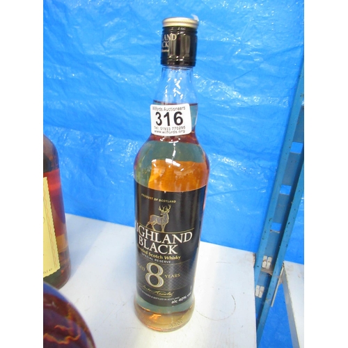 316 - Bottle highland black whisky (NO POSTAGE AVAILABLE).