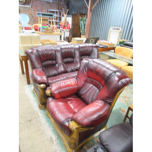 183 - Oxblood Show Wood 3 Seat Sofa & Chair