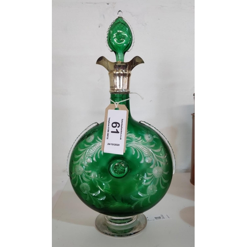 61 - Victorian glug glug decanter with Birmingham hallmarked silver collar