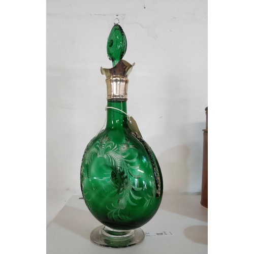 61 - Victorian glug glug decanter with Birmingham hallmarked silver collar