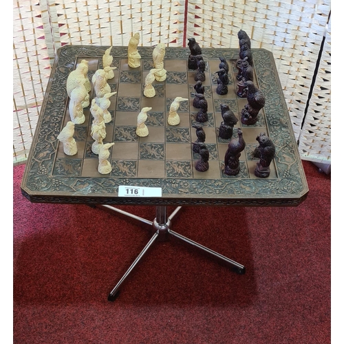 116 - Complete chess set modelled in the form of birds with chess table approx. 60x60 cm