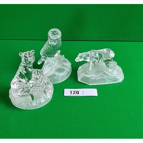 120 - 3 glass ornaments of a polar bear, brown bear and an owl