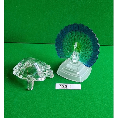 125 - 2 glass animal figures, 1 being a peacock and the other a turtle