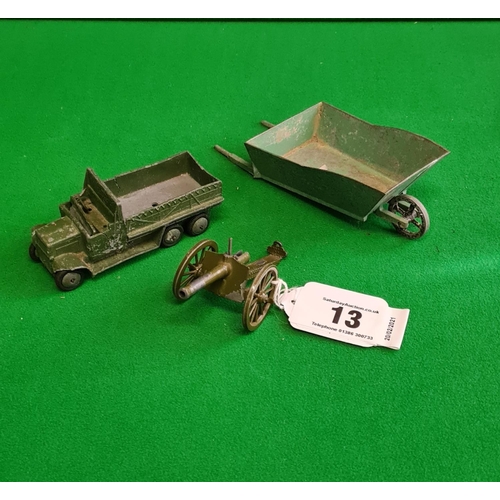 13 - Vintage die cast models: Britain's matchstick firing cannon in working order, army truck and a wheel... 