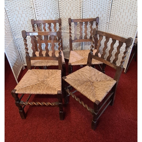 137 - 4 lovely rush seated oak chairs with barley twist details 50x52x91 cm to seat 46 cm