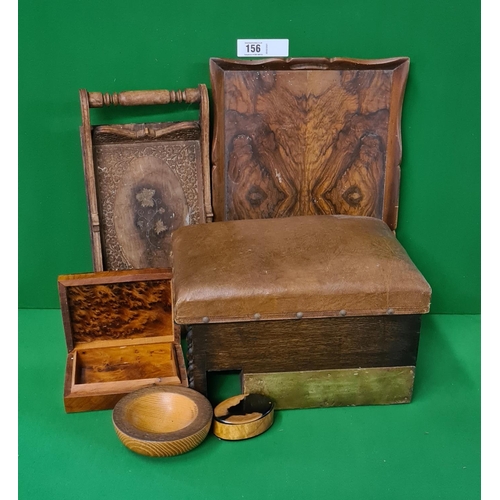 156 - Case of treen including trays, shoe stool etc.,