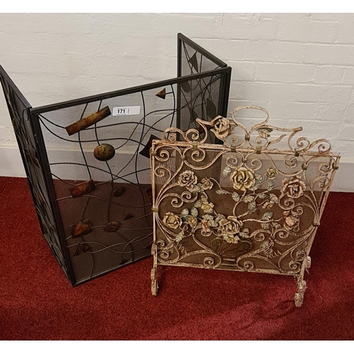 171 - 2 fire screens one modern black and copper, one Victorian wrought iron with metal flower detail