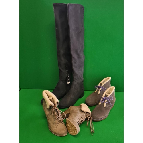 74 - Pair of Next thigh high boots size 6.5 together with a pair of Clarkes boots size 5.5 and one other ... 