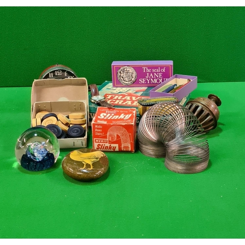 85 - Box of vintage items including original Slinky