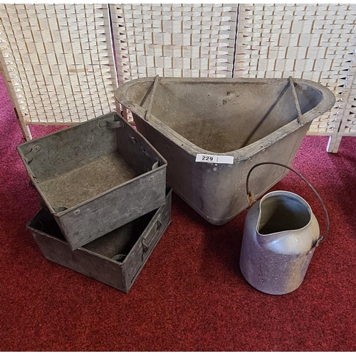 229 - Triangular galvanised trough together with 2 trays and a vessel