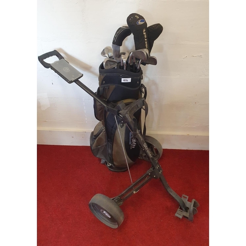 152 - Golf trolley, bag and assorted clubs