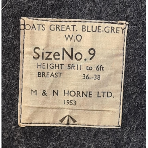 52 - War Office issue RAF blue grey great coat 1953