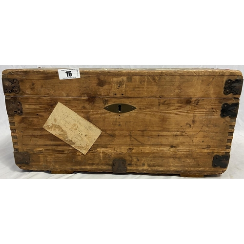 16 - Well travelled wooden trunk having original destination labels