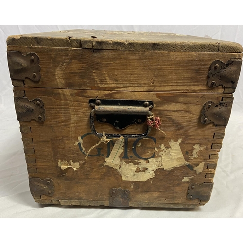 16 - Well travelled wooden trunk having original destination labels