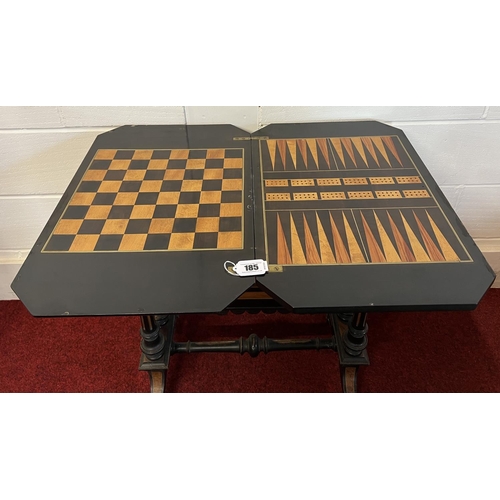 185 - Early C19th inlaid games table having fold out top leaf to reveal chess and backgammon boards. 70x64... 