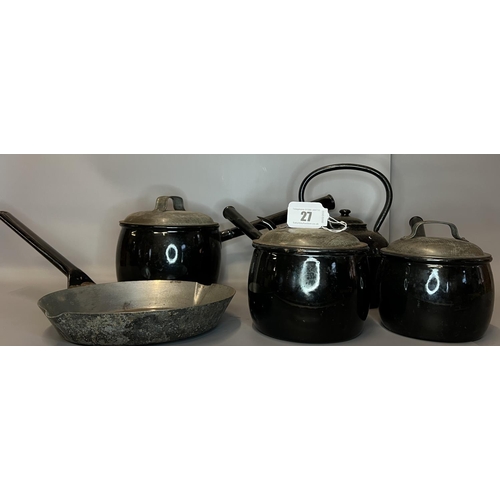 27 - Antique heavy metal cooking vessels and tea pot