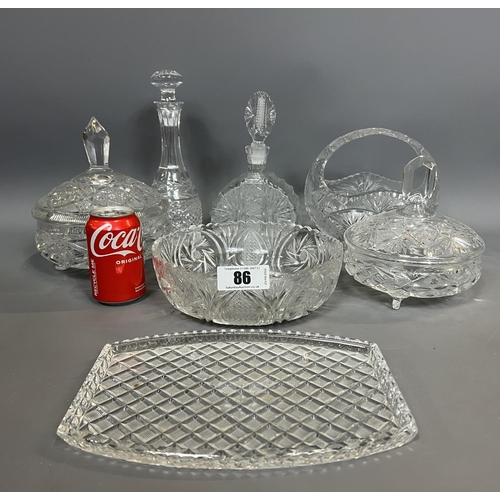 86 - Assortment cut glass items including decanters, bowls, etc