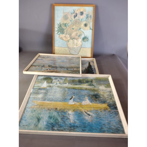 380 - 4 mid-century wooden picture frames containing reproduction prints, largest frame size 48x63cm