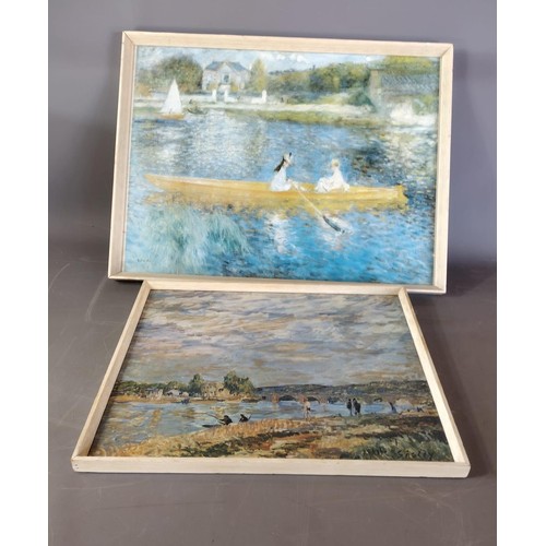 380 - 4 mid-century wooden picture frames containing reproduction prints, largest frame size 48x63cm