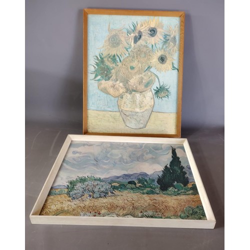 380 - 4 mid-century wooden picture frames containing reproduction prints, largest frame size 48x63cm