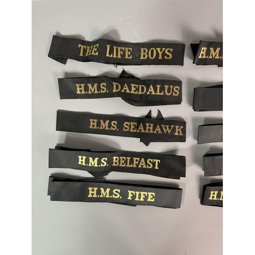 10 - 10 original naval cap tallies. Shipping Group (A). HMS: Belfast, Fife, Caledonia, Wessex, Ganges, Co... 