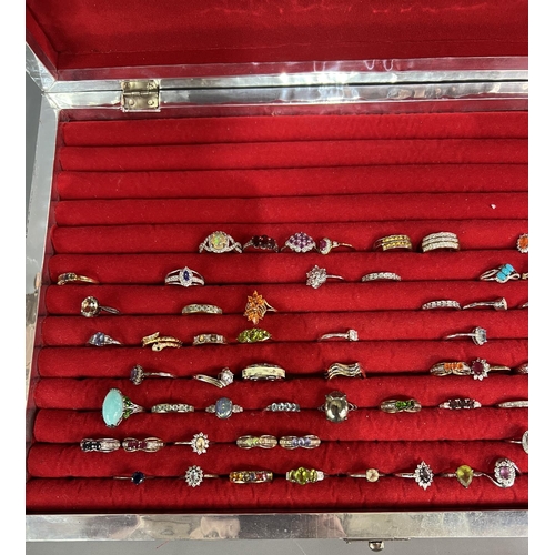 195 - Large amount of rings including .925 examples in an attractive white metal display box with fitted i... 