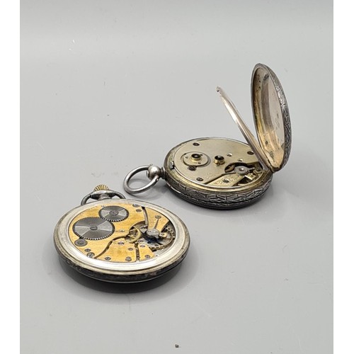 192 - 2 silver pocket watches and a double Albert chain. 1 watch having 15 jewel Swiss movement, the other... 