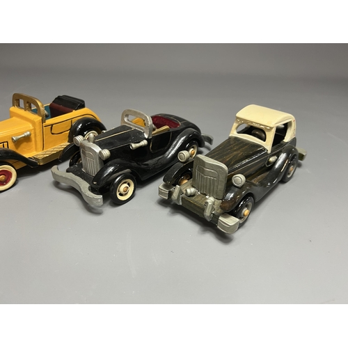 9 - 3 large wooden model cars, approx length 30cm. Shipping Group (A).