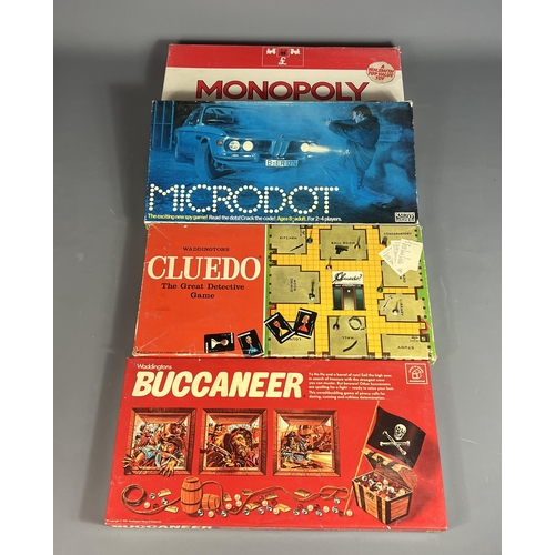 104 - Collection of vintage board games comprising; Monopoly, Cluedo, Buccaneer & Microdots. Shipping ... 