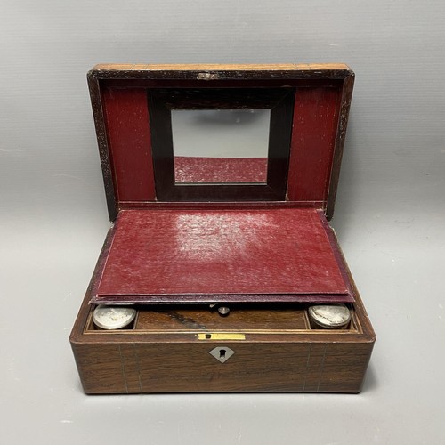 54 - Late c19th wooden vanity case with fitted interior and contents. Measuring 11x28x19cm.  Shipping gro... 