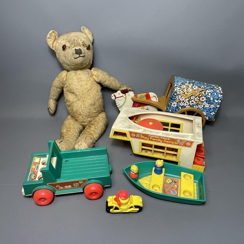 Vintage toys and games to include Fisher Price family camper, teddy