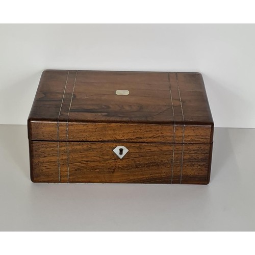 47 - Late c19th wooden vanity case with fitted interior and contents. Measuring 11x28x19cm.  Shipping gro... 