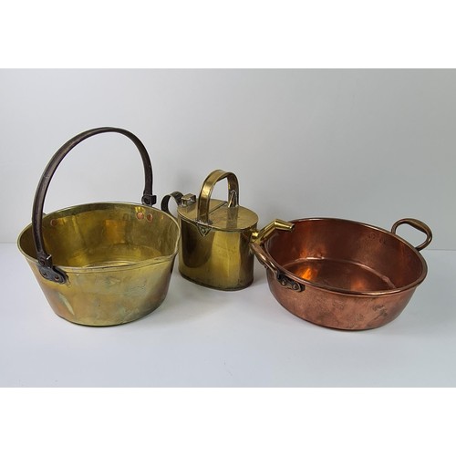 76 - Heavy bass jam pot, watering can and copper pan. Collection in person / your own courier.