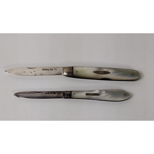 110 - 2 Mother of Pearl and hallmarked sterling silver penknives. Shipping group (A), optional combined sh... 