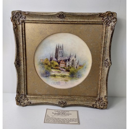 91 - Christopher Hughes: Former Royal Worcester artist - hand painted bone china plate in guilt frame, 'W... 