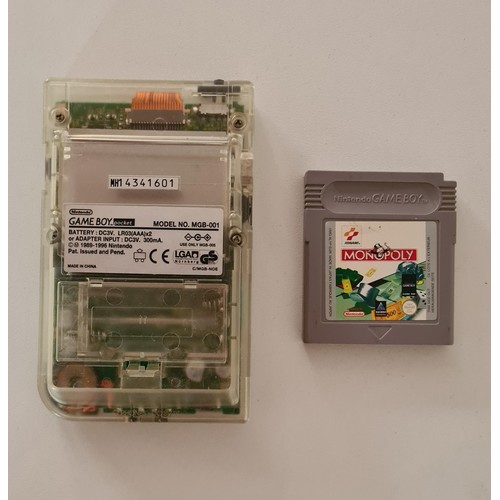 100 - Vintage Nintendo Gameboy (clear case version) together with Monopoly game. Shipping Group (A).