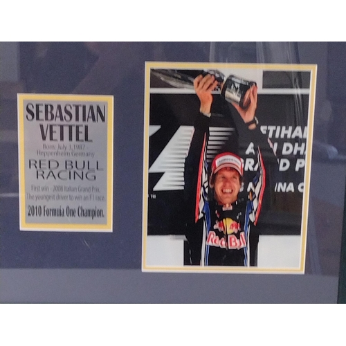 163 - Framed and glazed Sebastian Vettel memorabilia, 71x49cm, complete with Certificate of Authenticity a... 